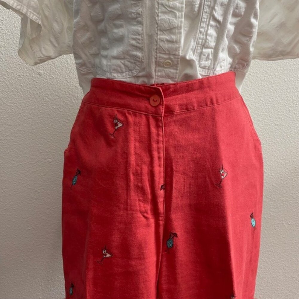 Cocktail Party Embroidered Vintage Linen Blend Crops